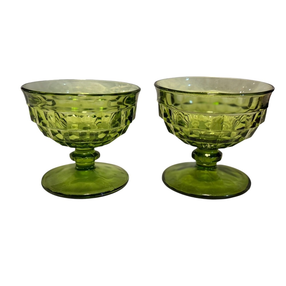 Vintage Indiana Glass Whitehall Avocado Green Sherbet Cups Set of 2 MCM Retro - Picture 2 of 16